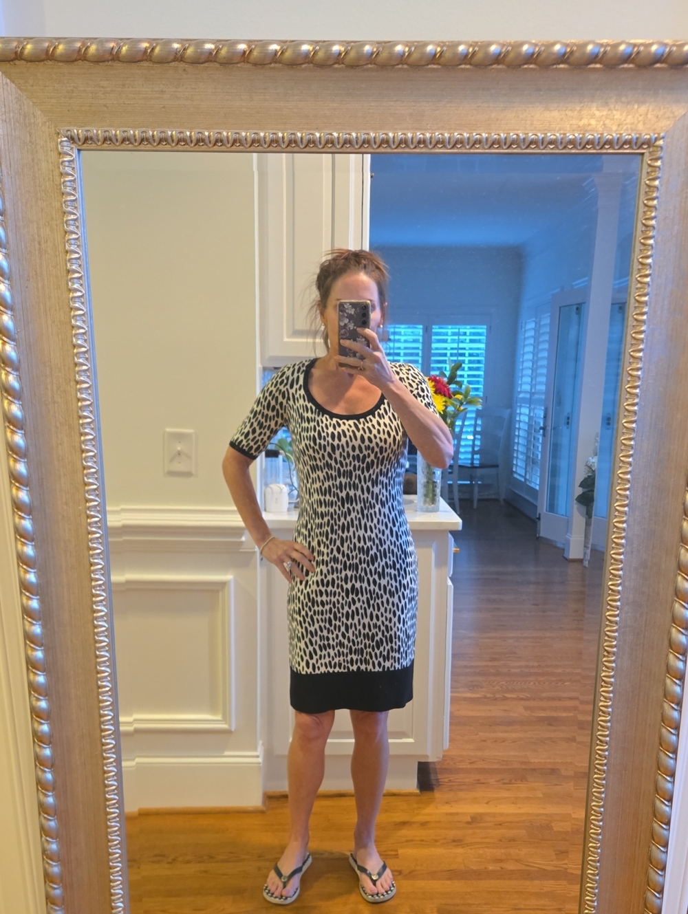 Ann Taylor Black and White Patterned Scoop Neck Midi Dress